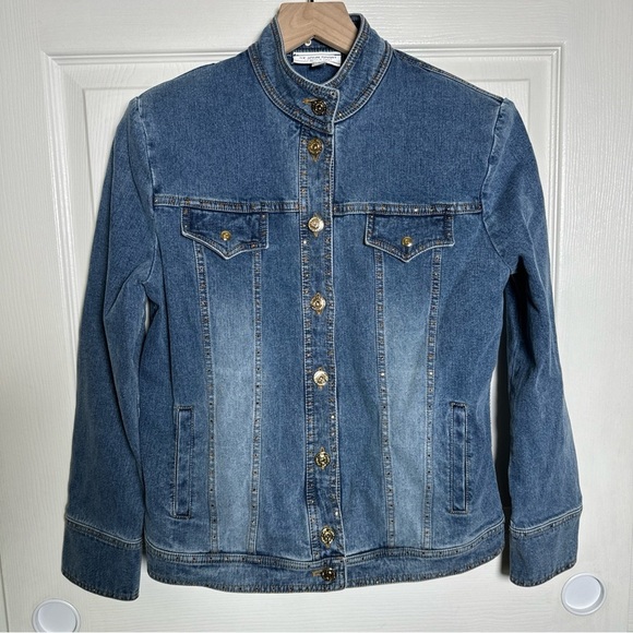 Vintage St John Sport Small Denim Rhinestones Bead Gold Monogram Buttons Jacket - Picture 1 of 16